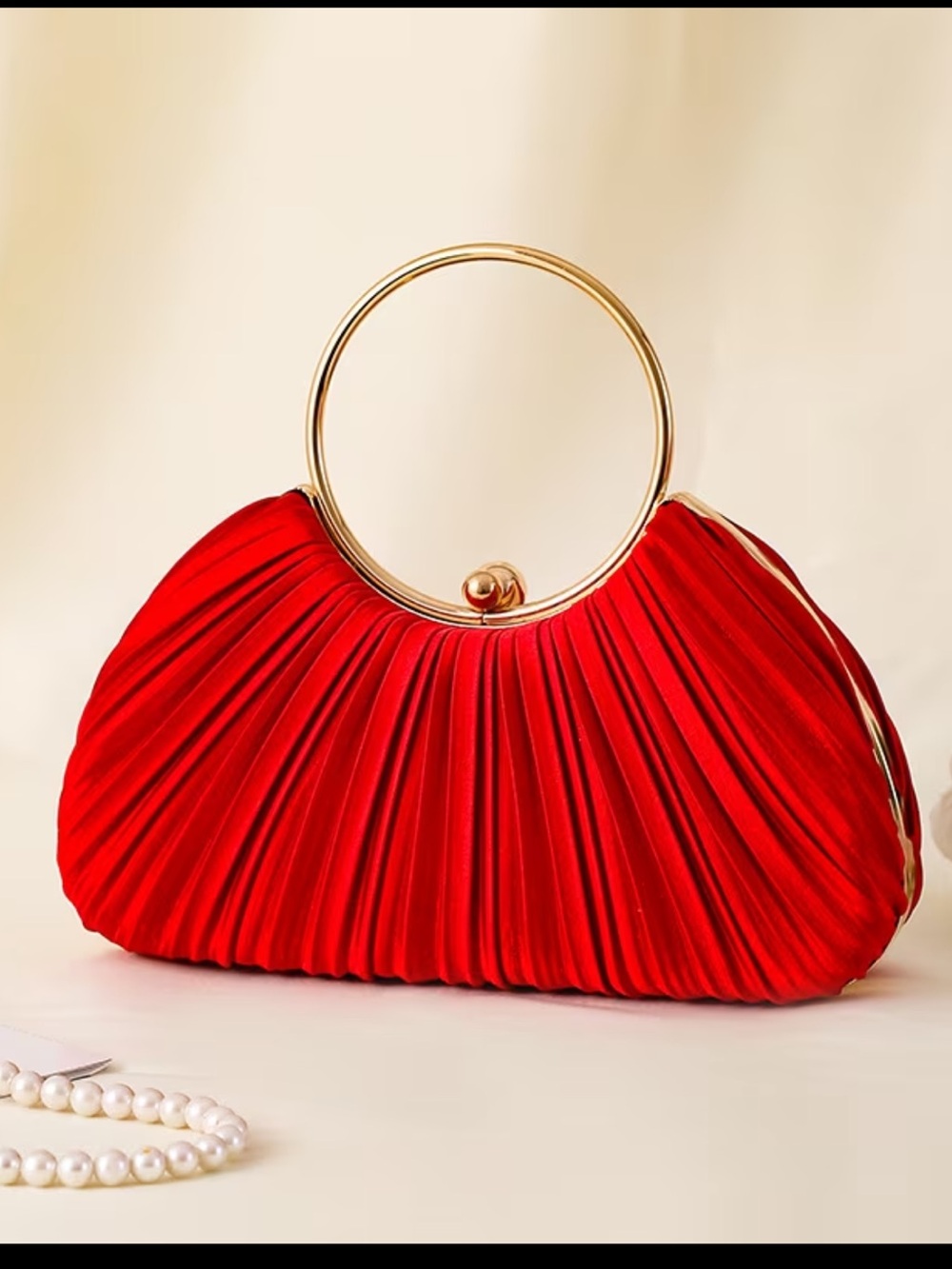 Red Pleated Ring-Handle Evening Clutch